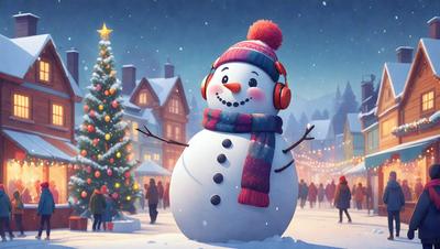 The primary subject of the image is a snowman wearing headphones and a hat. The snowman is standing in the snow, surrounded by a group of people. The setting is a snowy street with a Christmas tree in the background. The visual style is a digital art or illustration, creating a festive and joyful atmosphere.